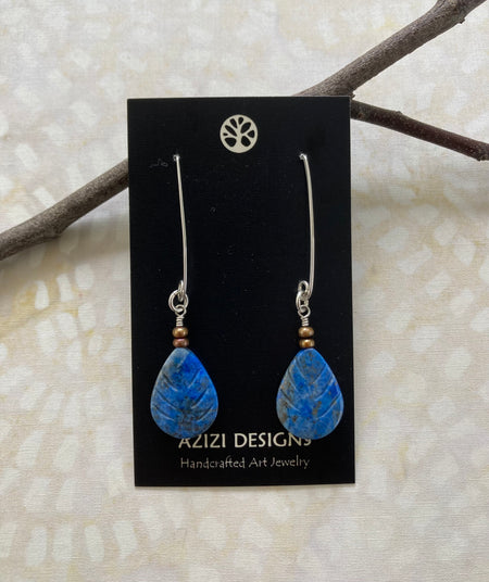 Carved Denim Lapis Leaf Earrings