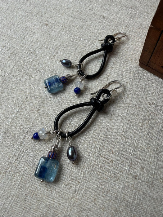 Kyanite, lapis, and moonstone charms earrings